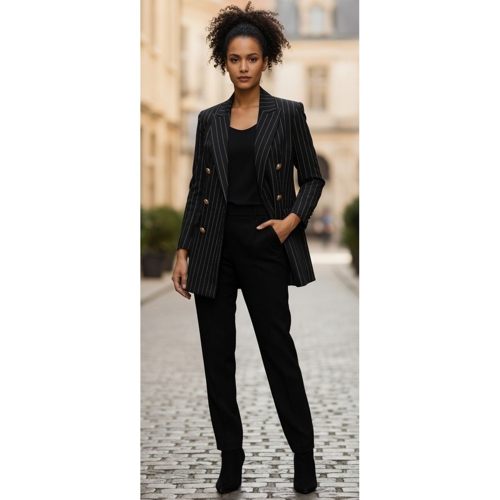 ESCADA MARGARETHA LEY Black Pinstripe Double Breasted Blazer Jacket Wool Size 34